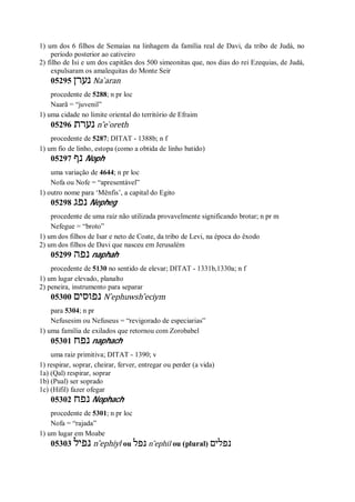 1) um dos 6 filhos de Semaías na linhagem da família real de Davi, da tribo de Judá, no
período posterior ao cativeiro
2) filho de Isi e um dos capitães dos 500 simeonitas que, nos dias do rei Ezequias, de Judá,
expulsaram os amalequitas do Monte Seir
05295 ‫נערן‬ Na ̀aran
procedente de 5288; n pr loc
Naarã = “juvenil”
1) uma cidade no limite oriental do território de Efraim
05296 ‫נערת‬ n ̂e ̀oreth
procedente de 5287; DITAT - 1388b; n f
1) um fio de linho, estopa (como a obtida de linho batido)
05297 ‫נף‬ Noph
uma variação de 4644; n pr loc
Nofa ou Nofe = “apresentável”
1) outro nome para ‘Mênfis’, a capital do Egito
05298 ‫נפג‬ Nepheg
procedente de uma raiz não utilizada provavelmente significando brotar; n pr m
Nefegue = “broto”
1) um dos filhos de Isar e neto de Coate, da tribo de Levi, na época do êxodo
2) um dos filhos de Davi que nasceu em Jerusalém
05299 ‫נפה‬ naphah
procedente de 5130 no sentido de elevar; DITAT - 1331b,1330a; n f
1) um lugar elevado, planalto
2) peneira, instrumento para separar
05300 ‫נפוסים‬ N ̂ephuwsh ̂eciym
para 5304; n pr
Nefusesim ou Nefuseus = “revigorado de especiarias”
1) uma família de exilados que retornou com Zorobabel
05301 ‫נפח‬ naphach
uma raiz primitiva; DITAT - 1390; v
1) respirar, soprar, cheirar, ferver, entregar ou perder (a vida)
1a) (Qal) respirar, soprar
1b) (Pual) ser soprado
1c) (Hifil) fazer ofegar
05302 ‫נפח‬ Nophach
procedente de 5301; n pr loc
Nofa = “rajada”
1) um lugar em Moabe
05303 ‫נפיל‬ n ̂ephiyl ou ‫נפל‬ n ̂ephil ou (plural) ‫נפלים‬
 