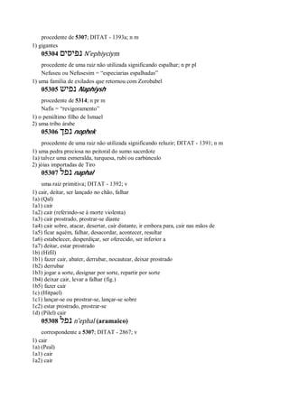 procedente de 5307; DITAT - 1393a; n m
1) gigantes
05304 ‫נ‬‫פיסים‬ N ̂ephiyciym
procedente de uma raiz não utilizada significando espalhar; n pr pl
Nefuseu ou Nefusesim = “especiarias espalhadas”
1) uma família de exilados que retornou com Zorobabel
05305 ‫נפיש‬ Naphiysh
procedente de 5314; n pr m
Nafis = “revigoramento”
1) o penúltimo filho de Ismael
2) uma tribo árabe
05306 ‫נפך‬ nophek
procedente de uma raiz não utilizada significando reluzir; DITAT - 1391; n m
1) uma pedra preciosa no peitoral do sumo sacerdote
1a) talvez uma esmeralda, turquesa, rubí ou carbúnculo
2) jóias importadas de Tiro
05307 ‫נפל‬ naphal
uma raiz primitiva; DITAT - 1392; v
1) cair, deitar, ser lançado no chão, falhar
1a) (Qal)
1a1) cair
1a2) cair (referindo-se à morte violenta)
1a3) cair prostrado, prostrar-se diante
1a4) cair sobre, atacar, desertar, cair distante, ir embora para, cair nas mãos de
1a5) ficar aquém, falhar, desacordar, acontecer, resultar
1a6) estabelecer, desperdiçar, ser oferecido, ser inferior a
1a7) deitar, estar prostrado
1b) (Hifil)
1b1) fazer cair, abater, derrubar, nocautear, deixar prostrado
1b2) derrubar
1b3) jogar a sorte, designar por sorte, repartir por sorte
1b4) deixar cair, levar a falhar (fig.)
1b5) fazer cair
1c) (Hitpael)
1c1) lançar-se ou prostrar-se, lançar-se sobre
1c2) estar prostrado, prostrar-se
1d) (Pilel) cair
05308 ‫נפל‬ n ̂ephal (aramaico)
correspondente a 5307; DITAT - 2867; v
1) cair
1a) (Peal)
1a1) cair
1a2) cair
 
