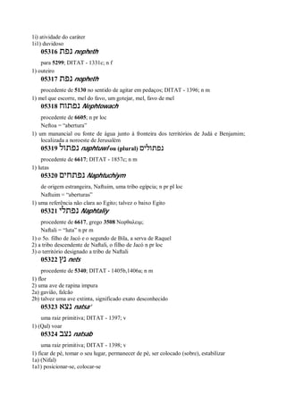 1i) atividade do caráter
1i1) duvidoso
05316 ‫נפת‬ nepheth
para 5299; DITAT - 1331c; n f
1) outeiro
05317 ‫נפת‬ nopheth
procedente de 5130 no sentido de agitar em pedaços; DITAT - 1396; n m
1) mel que escorre, mel do favo, um gotejar, mel, favo de mel
05318 ‫נפתוח‬ Nephtowach
procedente de 6605; n pr loc
Neftoa = “abertura”
1) um manancial ou fonte de água junto à fronteira dos territórios de Judá e Benjamim;
localizada a noroeste de Jerusalém
05319 ‫נפתול‬ naphtuwl ou (plural) ‫נפתולים‬
procedente de 6617; DITAT - 1857c; n m
1) lutas
05320 ‫נפתחים‬ Naphtuchiym
de origem estrangeira, Naftuim, uma tribo egípcia; n pr pl loc
Naftuim = “aberturas”
1) uma referência não clara ao Egito; talvez o baixo Egito
05321 ‫נפתלי‬ Naphtaliy
procedente de 6617, grego 3508 Νεφθαλειμ;
Naftali = “luta” n pr m
1) o 5o. filho de Jacó e o segundo de Bila, a serva de Raquel
2) a tribo descendente de Naftali, o filho de Jacó n pr loc
3) o território designado a tribo de Naftali
05322 ‫נץ‬ nets
procedente de 5340; DITAT - 1405b,1406a; n m
1) flor
2) uma ave de rapina impura
2a) gavião, falcão
2b) talvez uma ave extinta, significado exato desconhecido
05323 ‫נצא‬ natsa’
uma raiz primitiva; DITAT - 1397; v
1) (Qal) voar
05324 ‫נצב‬ natsab
uma raiz primitiva; DITAT - 1398; v
1) ficar de pé, tomar o seu lugar, permanecer de pé, ser colocado (sobre), estabilizar
1a) (Nifal)
1a1) posicionar-se, colocar-se
 