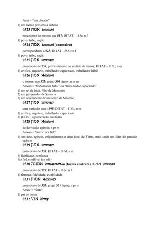 Amá = “um côvado”
1) um monte próximo a Gibeão
0523 ‫אמה‬ ’ummah
procedente do mesmo que 517; DITAT - 115e; n f
1) povo, tribo, nação
0524 ‫אמה‬ ’ummah (aramaico)
correspondente a 523; DITAT - 2583; n f
1) povo, tribo, nação
0525 ‫אמון‬ ’amown
procedente de 539, provavelmente no sentido de treinar; DITAT - 116L; n m
1) artífice, arquiteto, trabalhador capacitado, trabalhador hábil
0526 ‫אמון‬ ’Amown
o mesmo que 525, grego 300 Αμων; n pr m
Amom = “trabalhador hábil” ou “trabalhador capacitado”
1) um rei de Judá, filho de Manassés
2) um governador de Samaria
3) um descendente de um servo de Salomão
0527 ‫אמון‬ ’amown
uma variação para 1995; DITAT - 116L; n m
1) artífice, arquiteto, trabalhador capacitado
2) (CLBL) aglomeração, multidão
0528 ‫אמון‬ ’Amown
de derivação egípcia; n pr m
Amom = “nutrir: ser fiel”
1) um deus egípcio, originalmente o deus local de Tebas, mais tarde um líder do panteão
egípcio
0529 ‫אמון‬ ’emuwn
procedente de 539; DITAT - 116d; n m
1) fidelidade, confiança
1a) fiel, confiável (as adj.)
0530 ‫אמונה‬ ’emuwnah ou (forma contrata) ‫אמנה‬ ’emunah
procedente de 529; DITAT - 116e; n f
1) firmeza, fidelidade, estabilidade
0531 ‫אמוץ‬ ’Amowts
procedente de 553, grego 301 Αμως; n pr m
Amoz = “forte”
1) pai de Isaías
0532 ‫אמי‬ ’Amiy
 
