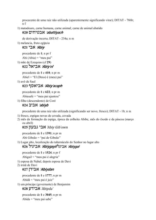 procecente de uma raiz não utilizada (aparentemente significando virar); DITAT - 786b;
n f
1) matadouro, carne humana, carne animal, carne de animal abatido
020 ‫אבטיחים‬ ’abattiyach
de derivação incerta; DITAT - 234a; n m
1) melancia, fruto egípcio
021 ‫אבי‬ ’Abiy
procedente de 1; n pr f
Abi (Abia) = “meu pai”
1) mãe de Ezequias (cf 29)
022 ‫אביאל‬ ’Abiy’el
procedente de 1 e 410; n pr m
Abiel = “El (Deus) é (meu) pai”
1) avô de Saul
023 ‫אביאסף‬ ’Abiy’acaph
procedente de 1 e 622; n pr m
Abiasafe = “meu pai ajuntou”
1) filho (descendente) de Coré
024 ‫אביב‬ ’abiyb
procedente de uma raiz não utilizada (significando ser novo, fresco); DITAT - 1b; n m
1) fresco, espigas novas de cevada, cevada
2) mês da formação da espiga, época da colheita Abibe, mês do êxodo e da páscoa (março
ou abril)
025 ‫גבעון‬ ‫אבי‬ ’Abiy Gib ̀own
procedente de 1 e 1391; n pr m
Abi Gibeão = “pai de Gibeão”
1) Lugar alto, localização do tabernáculo do Senhor no lugar alto
026 ‫א‬‫ביגיל‬ ’Abiygayil ‫אביגל‬ ’Abiygal
procedente de 1 e 1524; n pr f
Abigail = “meu pai é alegria”
1) esposa de Nabal, depois esposa de Davi
2) irmã de Davi
027 ‫אבידן‬ ’Abiydan
procedente de 1 e 1777; n pr m
Abidã = “meu pai é juiz”
1) um príncipe (governante) de Benjamim
028 ‫אבידע‬ ’Abiyda ̀
procedente de 1 e 3045; n pr m
Abida = “meu pai sabe”
 
