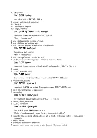 1a) (Qal) cercar
0662 ‫אפק‬ ’aphaq
uma raiz primitiva; DITAT - 149; v
1) segurar, ser forte, restringir, reter
1a) (Hitpael)
1a1) restringir-se, impedir
1a2) forçar, compelir
0663 ‫אפק‬ ’Apheq ou ‫אפיק‬ ’Aphiyq
procedente de 662 (no sentido de força); n pr loc
Afeca = “área cercada”
1) uma cidade cananéia próxima a Jezreel
2) uma cidade no território de Aser
3) uma cidade ao nordeste de Beirute na Transjordânia
0664 ‫אפקה‬ ’Apheqah
feminino de 663; n pr loc
Afeca = “área cercada”
1) uma cidade próxima a Hebrom em Judá
2) (BDB) possivelmente um grupo de cidades incluindo Hebrom
0665 ‫אפר‬ ’epher
procedente de uma raiz não utilizada significando espalhar; DITAT - 150a; n m
1) cinzas
2) (CLBL) sem valor (fig.)
0666 ‫אפר‬ ’apher
do mesmo que 665 (no sentido de revestimento); DITAT - 151a; n m
1) revestimento, atadura
0667 ‫אפרח‬ ’ephroach
procedente de 6524 (no sentido de romper a casca); DITAT - 1813c; n m
1) novo, filhote (referindo-se a pássaros)
2) passarinhos
0668 ‫אפריון‬ ’appiryown
provavelmente de derivação egípcia; DITAT - 151b; n m
1) cadeira, liteira, palanquim
2) (CLBL) carruagem
0669 ‫אפרים‬ ’Ephrayim
dual de 672, grego 2187 Εφραιμ; n pr m
Efraim = “duplo monte de cinzas: Eu serei duplamente frutífero”
1) segundo filho de José, abençoado por ele e tendo preferência sobre o primogênito
Manassés
2) a tribo, Efraim
3) o território montanhoso de Efraim
4) algumas vezes usado para nomear o reino do norte (Oséias ou Isaías)
 