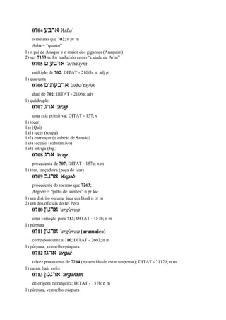 0704 ‫ארבע‬ ’Arba ̀
o mesmo que 702; n pr m
Arba = “quarto”
1) o pai de Anaque e o maior dos gigantes (Anaquim)
2) ver 7153 se for traduzido como “cidade de Arba”
0705 ‫ארבעים‬ ’arba ̀iym
múltiplo de 702; DITAT - 2106b; n, adj pl
1) quarenta
0706 ‫ארבעתים‬ ’arba ̀tayim
dual de 702; DITAT - 2106a; adv
1) quádruplo
0707 ‫ארג‬ ’arag
uma raiz primitiva; DITAT - 157; v
1) tecer
1a) (Qal)
1a1) tecer (roupa)
1a2) entrançar (o cabelo de Sansão)
1a3) tecelão (substantivo)
1a4) intriga (fig.)
0708 ‫ארג‬ ’ereg
procedente de 707; DITAT - 157a; n m
1) tear, lançadeira (peça de tear)
0709 ‫ארגב‬ ’Argob
procedente do mesmo que 7263;
Argobe = “pilha de torrões” n pr loc
1) um distrito ou uma área em Basã n pr m
2) um dos oficiais do rei Peca
0710 ‫ארגון‬ ’arg ̂evan
uma variação para 713; DITAT - 157b; n m
1) púrpura
0711 ‫ארגון‬ ’arg ̂evan (aramaico)
correspondente a 710; DITAT - 2603; n m
1) púrpura, vermelho-púrpura
0712 ‫ארגז‬ ’argaz
talvez procedente de 7264 (no sentido de estar suspenso); DITAT - 2112d; n m
1) caixa, baú, cofre
0713 ‫ארגמן‬ ’argaman
de origem estrangeira; DITAT - 157b; n m
1) púrpura, vermelho-púrpura
 