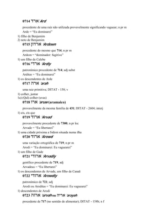 0714 ‫ארד‬ ̀Ard
procedente de uma raíz não utilizada provavelmente significando vaguear; n pr m
Arde = “Eu dominarei”
1) filho de Benjamim
2) neto de Benjamim
0715 ‫ארדון‬ ’Ardown
procedente do mesmo que 714; n pr m
Ardom = “dominador: fugitivo”
1) um filho de Calebe
0716 ‫ארדי‬ ’Ardiy
patronímico procedente de 714; adj subst
Arditas = “Eu dominarei”
1) os descendentes de Arde
0717 ‫ארה‬ ’arah
uma raiz primitiva; DITAT - 158; v
1) colher, juntar
1a) (Qal) colher (uvas)
0718 ‫ארו‬ ’aruw (aramaico)
provavelmente da mesma família de 431; DITAT - 2604; interj
1) eis, eis que
0719 ‫ארוד‬ ’Arvad
provavelmente procedente de 7300; n pr loc
Arvade = “Eu libertarei”
1) uma cidade próxima a Sidom situada numa ilha
0720 ‫ארוד‬ ’Arowd
uma variação ortográfica de 719; n pr m
Arodi = “Eu dominarei: Eu vaguearei”
1) um filho de Gade
0721 ‫ארודי‬ ’Arvadiy
gentílico procedente de 719; adj
Arvadeus = “Eu libertarei”
1) os descendentes de Arvade, um filho de Canaã
0722 ‫ארודי‬ ’Arowdiy
patronímico de 721; adj
Arodi ou Aroditas = “Eu dominarei: Eu vaguearei”
1) descendentes de Arodi
0723 ‫ארוה‬ ’urvah ou ‫אריה‬ ’arayah
procedente de 717 (no sentido de alimentar); DITAT - 158b; n f
 