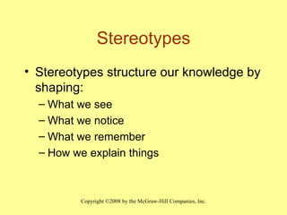 Stereotypes Stereotypes structure our knowledge by shaping:  What we see What we notice What we remember How we explain things 