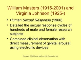 William Masters (1915-2001) and Virginia Johnson (1925-) Human Sexual Response  (1966) Detailed the sexual response cycles of hundreds of male and female research subjects Combined clinical observation with direct measurement of genital arousal using electronic devices 