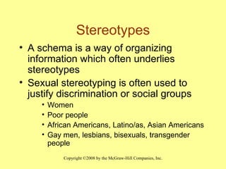 Stereotypes A schema is a way of organizing information which often underlies stereotypes  Sexual stereotyping is often used to justify discrimination or social groups Women Poor people African Americans, Latino/as, Asian Americans Gay men, lesbians, bisexuals, transgender people 