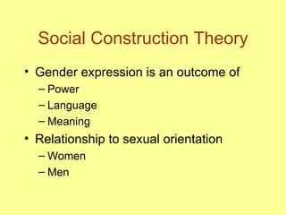 Social Construction Theory Gender expression is an outcome of Power Language Meaning Relationship to sexual orientation Women Men 