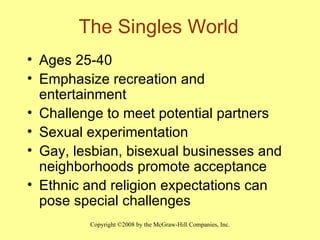 The Singles World Ages 25-40 Emphasize recreation and entertainment Challenge to meet potential partners  Sexual experimentation Gay, lesbian, bisexual businesses and neighborhoods promote acceptance Ethnic and religion expectations can pose special challenges  