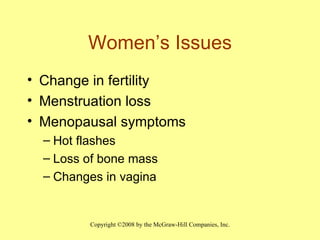 Women’s Issues Change in fertility Menstruation loss Menopausal symptoms Hot flashes Loss of bone mass Changes in vagina 