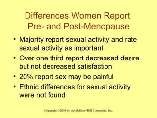 Differences Women Report  Pre- and Post-Menopause Majority report sexual activity and rate sexual activity as important Over one third report decreased desire but not decreased satisfaction 20% report sex may be painful Ethnic differences for sexual activity were not found  