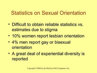 Statistics on Sexual Orientation Difficult to obtain reliable statistics vs. estimates due to stigma 10% women report lesbian orientation 4% men report gay or bisexual orientation A great deal of experiential diversity is reported 