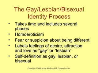 The Gay/Lesbian/Bisexual Identity Process Takes time and includes several phases Homoeroticism Fear or suspicion about being different Labels feelings of desire, attraction, and love as “gay” or “lesbian” Self-definition as gay, lesbian, or bisexual 