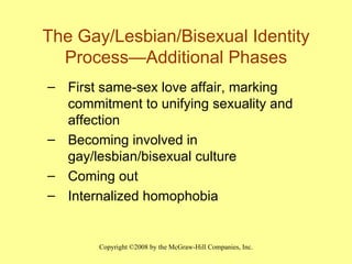 The Gay/Lesbian/Bisexual Identity Process — Additional Phases First same-sex love affair, marking commitment to unifying sexuality and affection Becoming involved in gay/lesbian/bisexual culture Coming out Internalized homophobia 