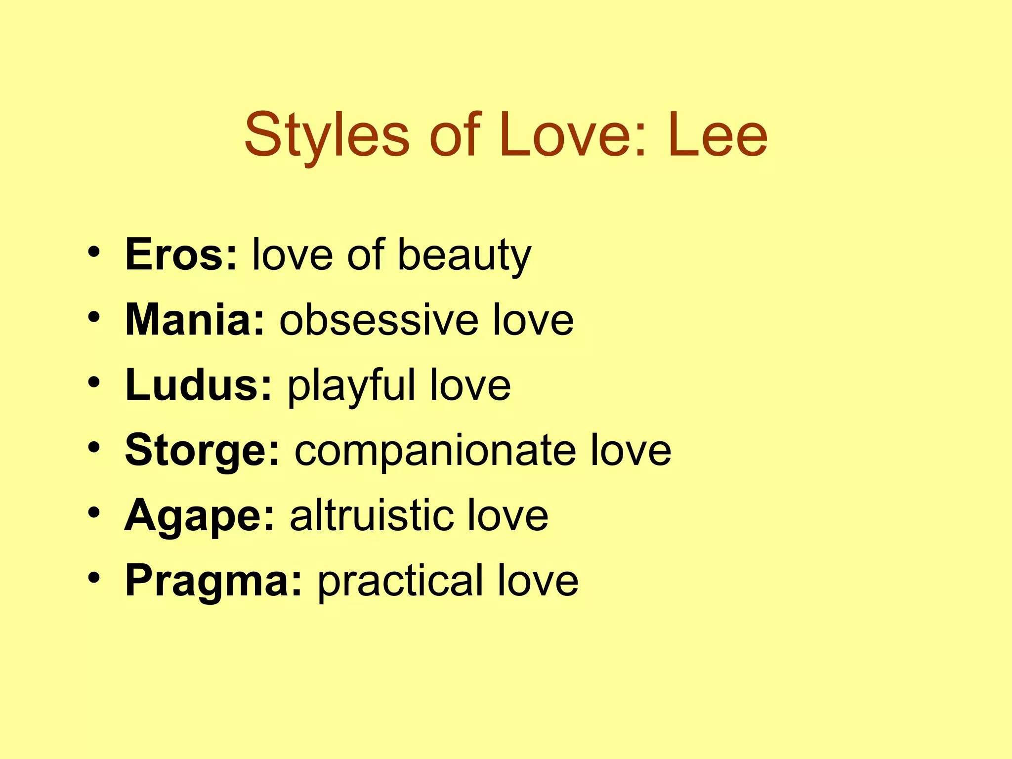 Styles of Love: Lee Eros:  love of beauty Mania:  obsessive love Ludus:  playful love Storge:  companionate love Agape:  altruistic love Pragma:  practical love 