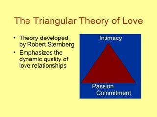 The Triangular Theory of Love Theory developed by Robert Sternberg Emphasizes the dynamic quality of love relationships Intimacy Passion  Commitment 