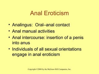 Anal Eroticism Analingus:  Oral – anal contact Anal manual activities Anal intercourse: insertion of a penis into anus Individuals of all sexual orientations engage in anal eroticism 
