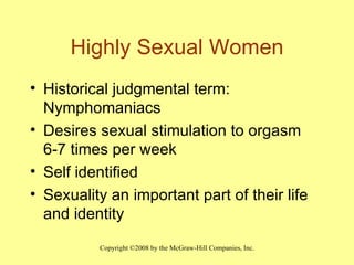 Highly Sexual Women Historical judgmental term:  Nymphomaniacs Desires sexual stimulation to orgasm 6-7 times per week  Self identified  Sexuality an important part of their life and identity 