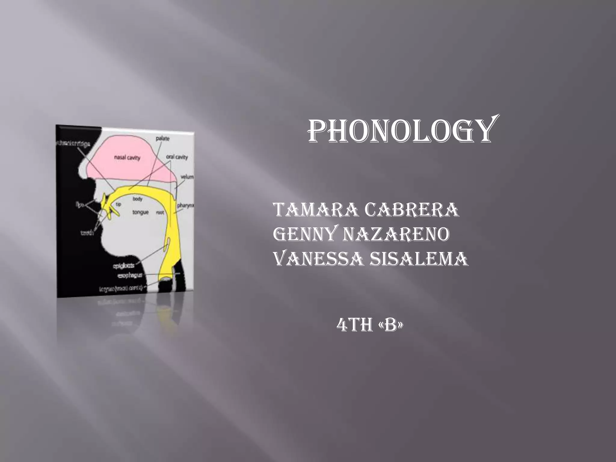 PHONOLOGY

TAMARA CABRERA
GENNY NAZARENO
VANESSA SISALEMA


     4th «B»
 