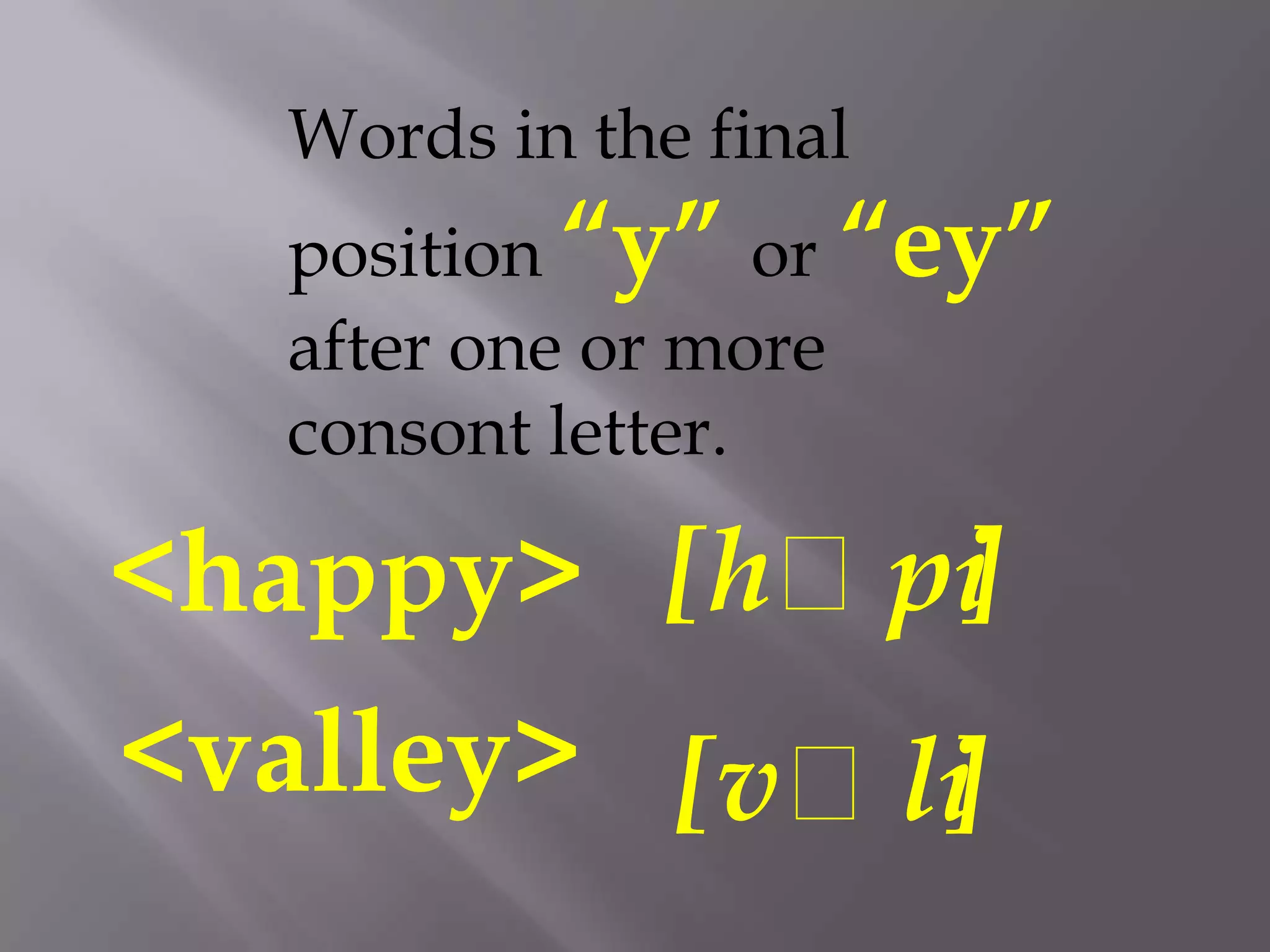 Words in the final
  position “y” or “ey”
  after one or more
  consont letter.

<happy> [hᴂpi
            ]
<valley> [vᴂli
             ]
 