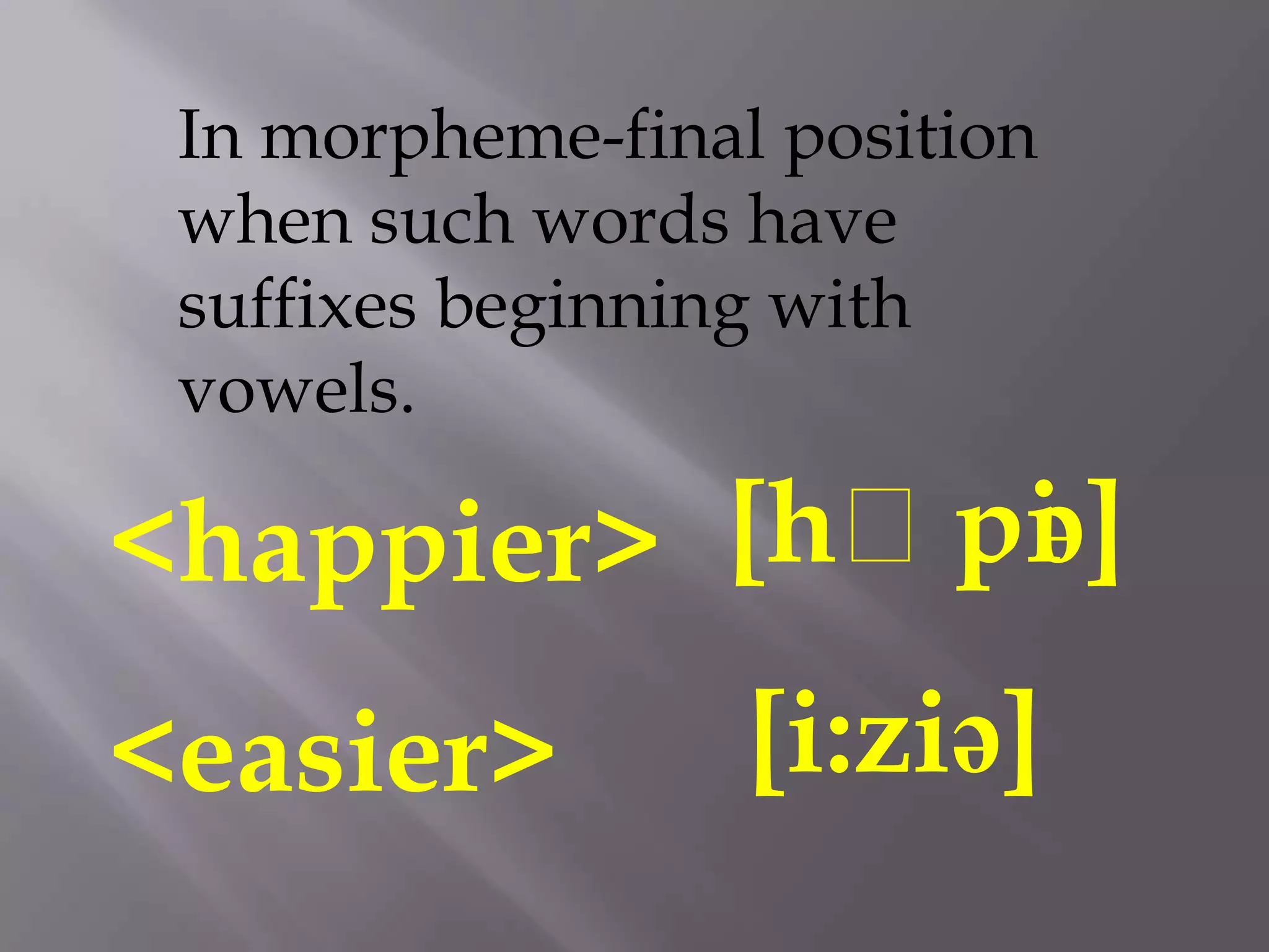 In morpheme-final position
 when such words have
 suffixes beginning with
 vowels.

<happier> [hᴂpi ]
              ə
<easier>          [i:ziə]
 