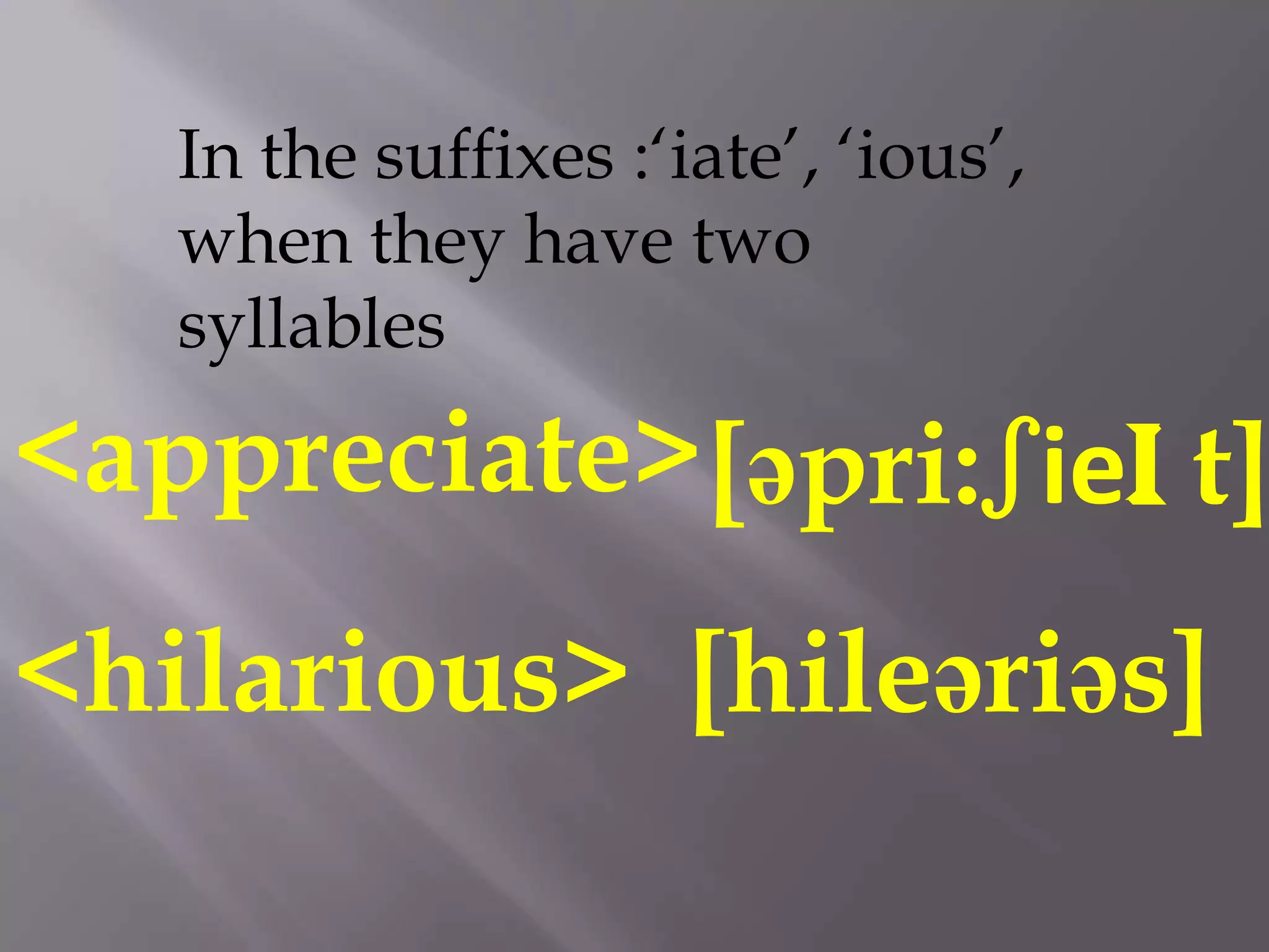 In the suffixes :„iate‟, „ious‟,
   when they have two
   syllables

<appreciate> [əpri:ʃieI t]
<hilarious> [hileəriəs]
 