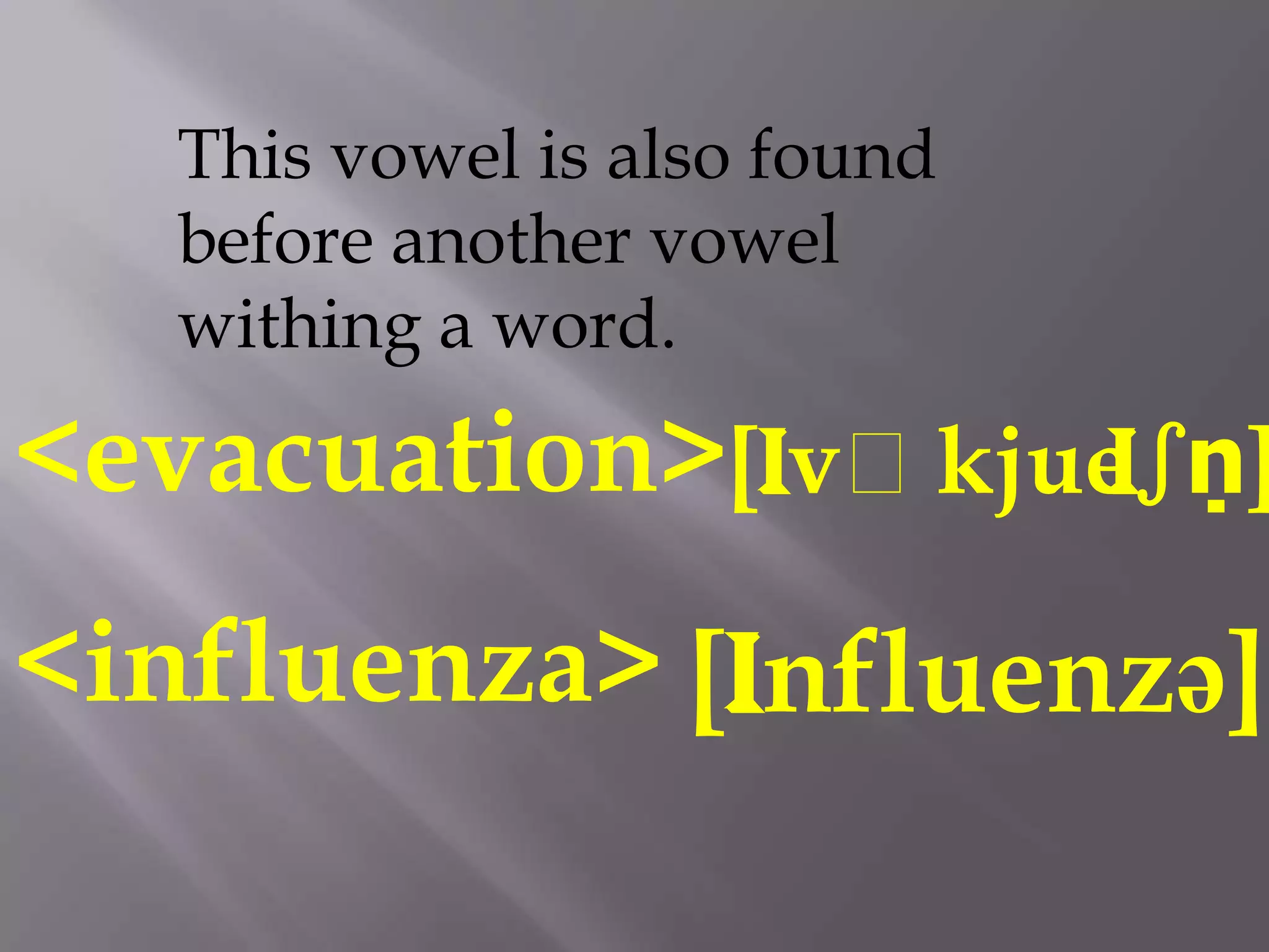 This vowel is also found
   before another vowel
   withing a word.

<evacuation>[ivᴂkjueiʃṇ]

<influenza> [influenzə]
 