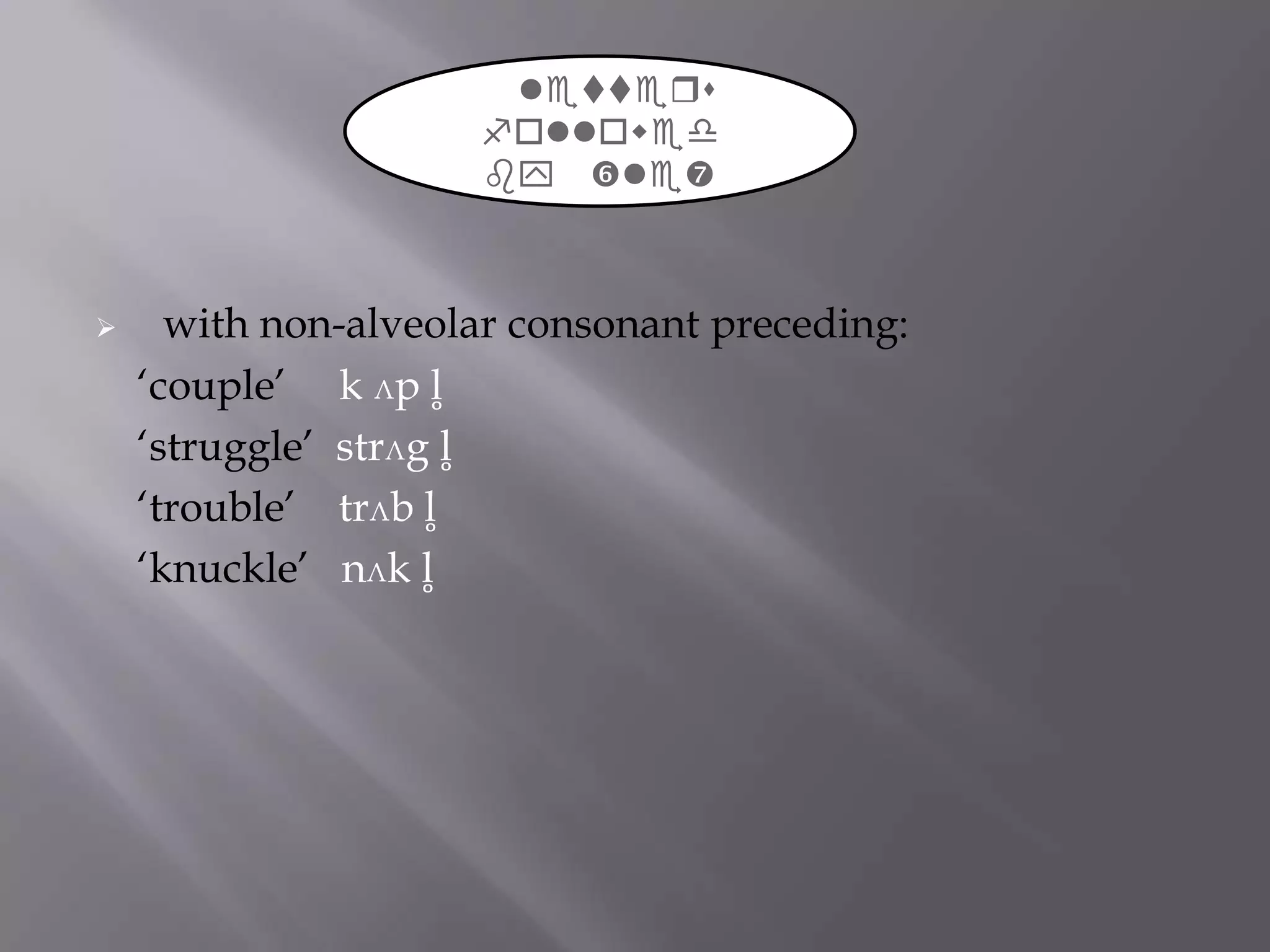 letters
                     followed
                      le



     with non-alveolar consonant preceding:
    „couple‟ k ʌp l̥
    „struggle‟ strʌg l̥
    „trouble‟ trʌb l̥
    „knuckle‟ nʌk l̥
 
