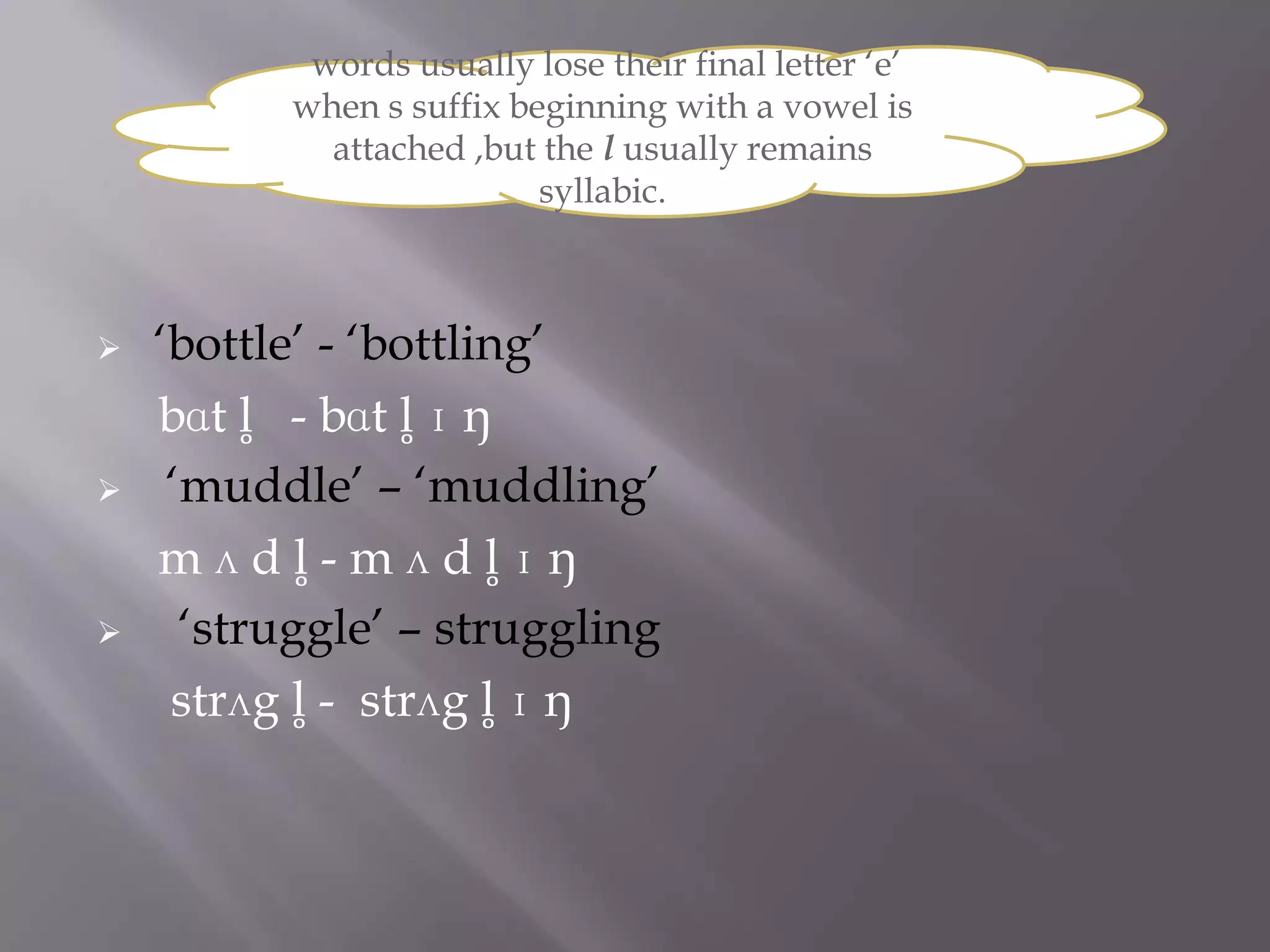 words usually lose their final letter „e‟
          when s suffix beginning with a vowel is
            attached ,but the l usually remains
                          syllabic.



   „bottle‟ - „bottling‟
    bɑt l̥ - bɑt l̥ ɪ ŋ
    „muddle‟ – „muddling‟
    m ʌ d l̥ - m ʌ d l̥ ɪ ŋ
     „struggle‟ – struggling
     strʌg l̥ - strʌg l̥ ɪ ŋ
 