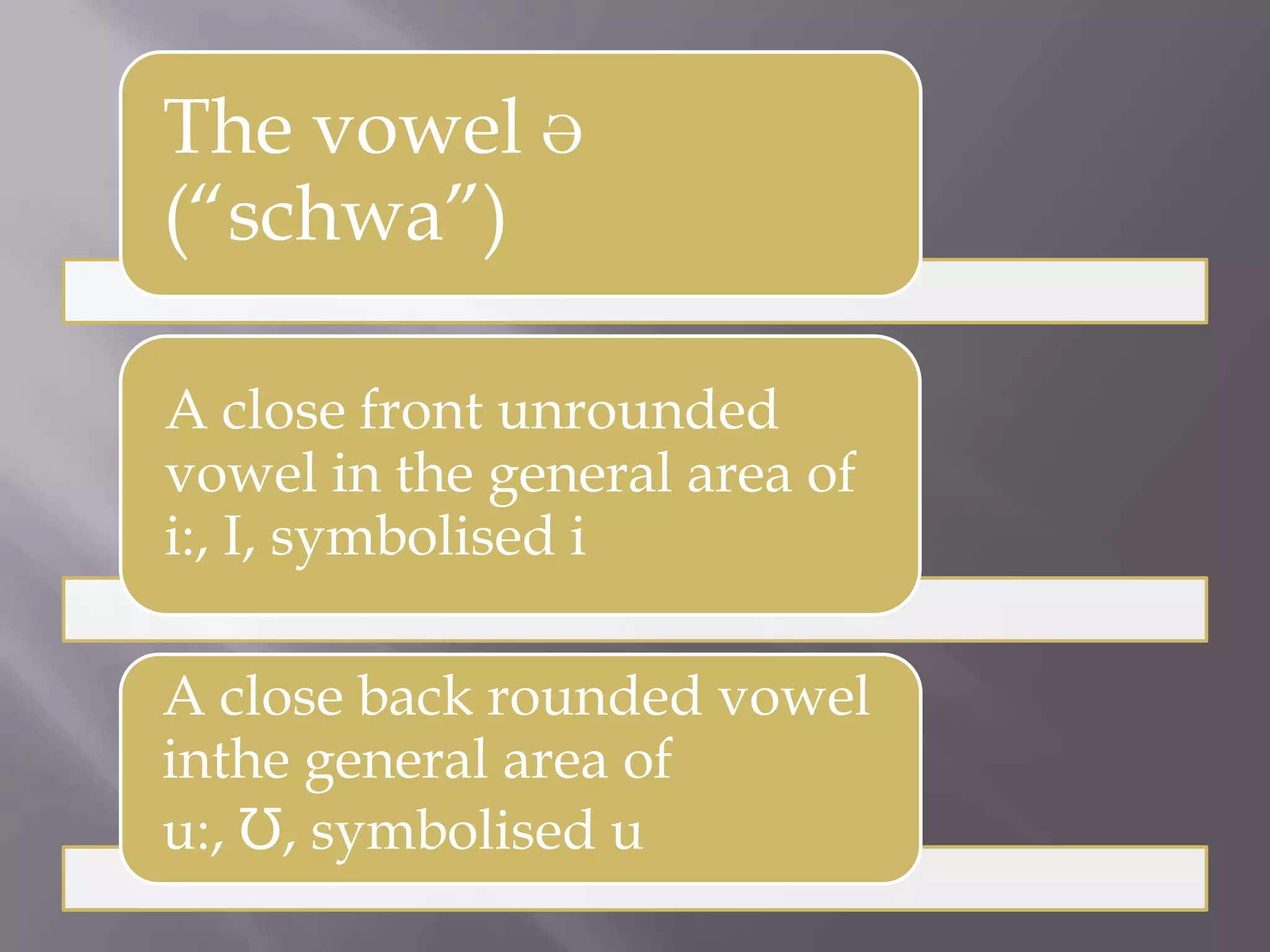 The vowel Ə
(“schwa”)

A close front unrounded
vowel in the general area of
i:, I, symbolised i

A close back rounded vowel
inthe general area of
u:, Ʊ, symbolised u
 