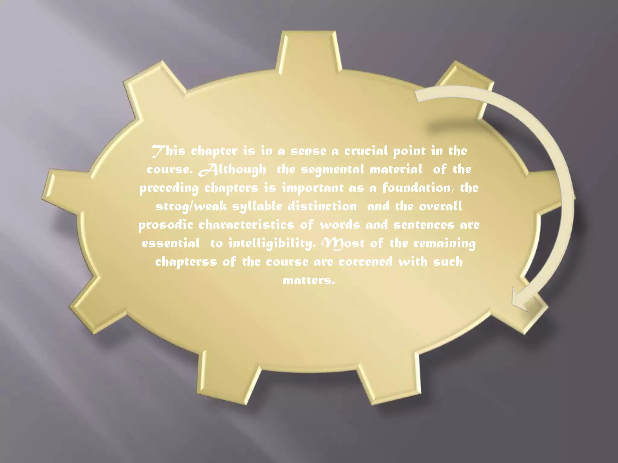 This chapter is in a sense a crucial point in the
 course. Although the segmental material of the
preceding chapters is important as a foundation, the
   strog/weak syllable distinction and the overall
prosodic characteristics of words and sentences are
essential to intelligibility. Most of the remaining
  chapterss of the course are corcened with such
                       matters.
 
