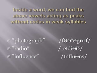  “photograph”   /fƏƱtƏgrɒ:f/
 “radio”        /reIdiƏƱ/
 “influence”     /InfluƏns/
 