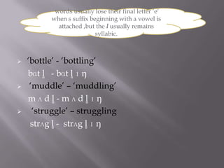 words usually lose their final letter „e‟
          when s suffix beginning with a vowel is
            attached ,but the l usually remains
                          syllabic.



   „bottle‟ - „bottling‟
    bɑt l̥ - bɑt l̥ ɪ ŋ
    „muddle‟ – „muddling‟
    m ʌ d l̥ - m ʌ d l̥ ɪ ŋ
     „struggle‟ – struggling
     strʌg l̥ - strʌg l̥ ɪ ŋ
 