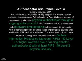 Authenticator Assurance Level 3
(formerly known as LOA4)
AAL 3 is intended to provide the highest practical remote network
authentication assurance. Authentication at AAL 3 is based on proof of
possession of a key in a physical authenticator through a
cryptographic protocol. AAL 3 is similar to AAL 2 except that
only hardware cryptographic authenticators (in conjunction
with a memorized secret for single-factor cryptographic devices) and
multi-factor OTP devices are allowed. The authenticator SHALL be a
hardware cryptographic module validated at Federal
Information Processing Standard (FIPS) 140 Level
2 or higher overall (Level 1 for single-factor
authenticators) with at least FIPS 140 Level 3
physical security.
 
