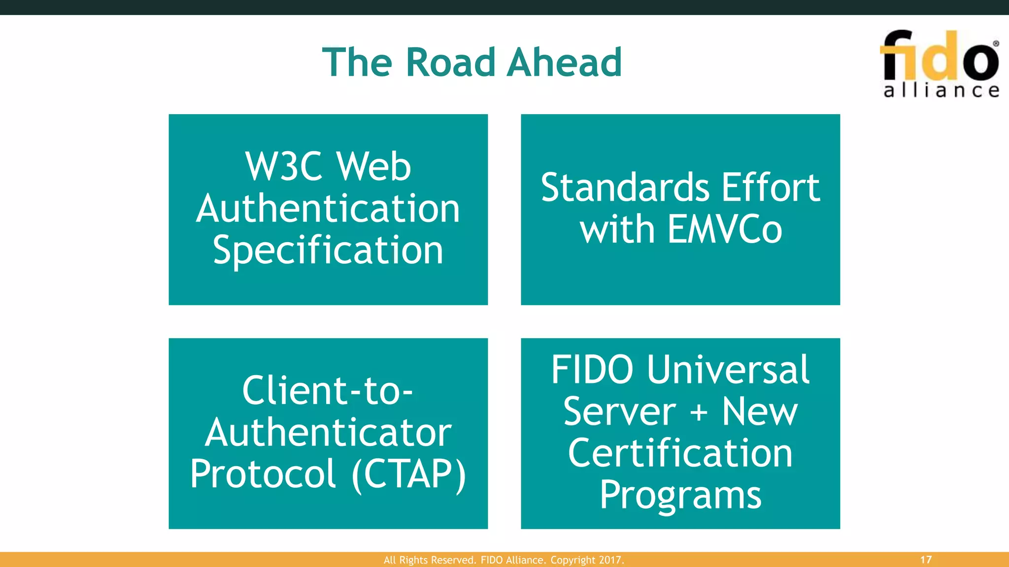 The Road Ahead
W3C Web
Authentication
Specification
Standards Effort
with EMVCo
Client-to-
Authenticator
Protocol (CTAP)
FIDO Universal
Server + New
Certification
Programs
All Rights Reserved. FIDO Alliance. Copyright 2017. 17
 