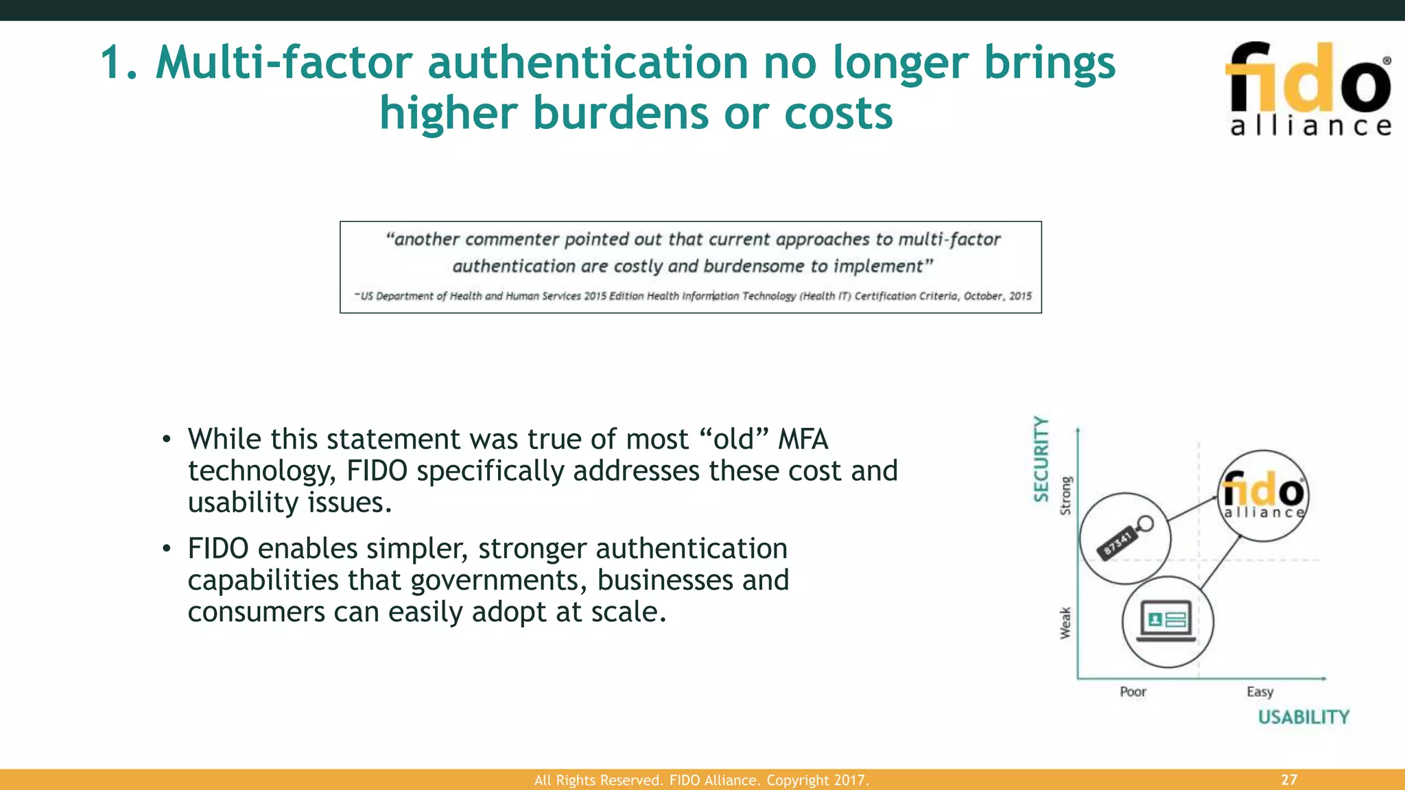 1. Multi-factor authentication no longer brings
higher burdens or costs
• While this statement was true of most “old” MFA
technology, FIDO specifically addresses these cost and
usability issues.
• FIDO enables simpler, stronger authentication
capabilities that governments, businesses and
consumers can easily adopt at scale.
All Rights Reserved. FIDO Alliance. Copyright 2017. 27
 