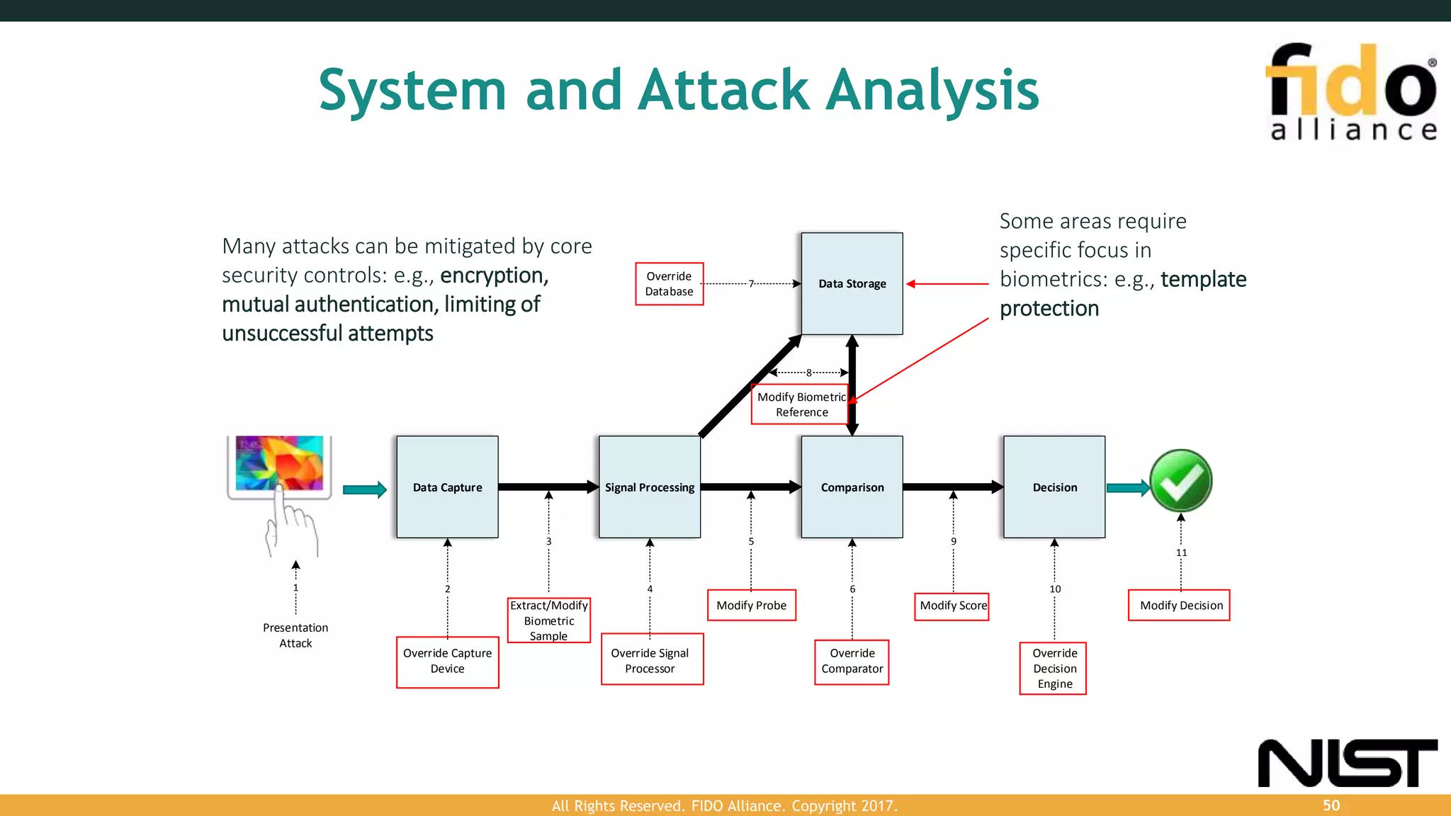 System and Attack Analysis
Data Capture Signal Processing Comparison Decision
Data Storage
Override Capture
Device
Extract/Modify
Biometric
Sample
Override Signal
Processor
Modify Probe
Override
Comparator
Modify Score
Override
Decision
Engine
Override
Database
Modify Biometric
Reference
Presentation
Attack
Modify Decision
1 2
3
4
5
6
9
10
11
7
8
Many attacks can be mitigated by core
security controls: e.g., encryption,
mutual authentication, limiting of
unsuccessful attempts
Some areas require
specific focus in
biometrics: e.g., template
protection
All Rights Reserved. FIDO Alliance. Copyright 2017. 50
 