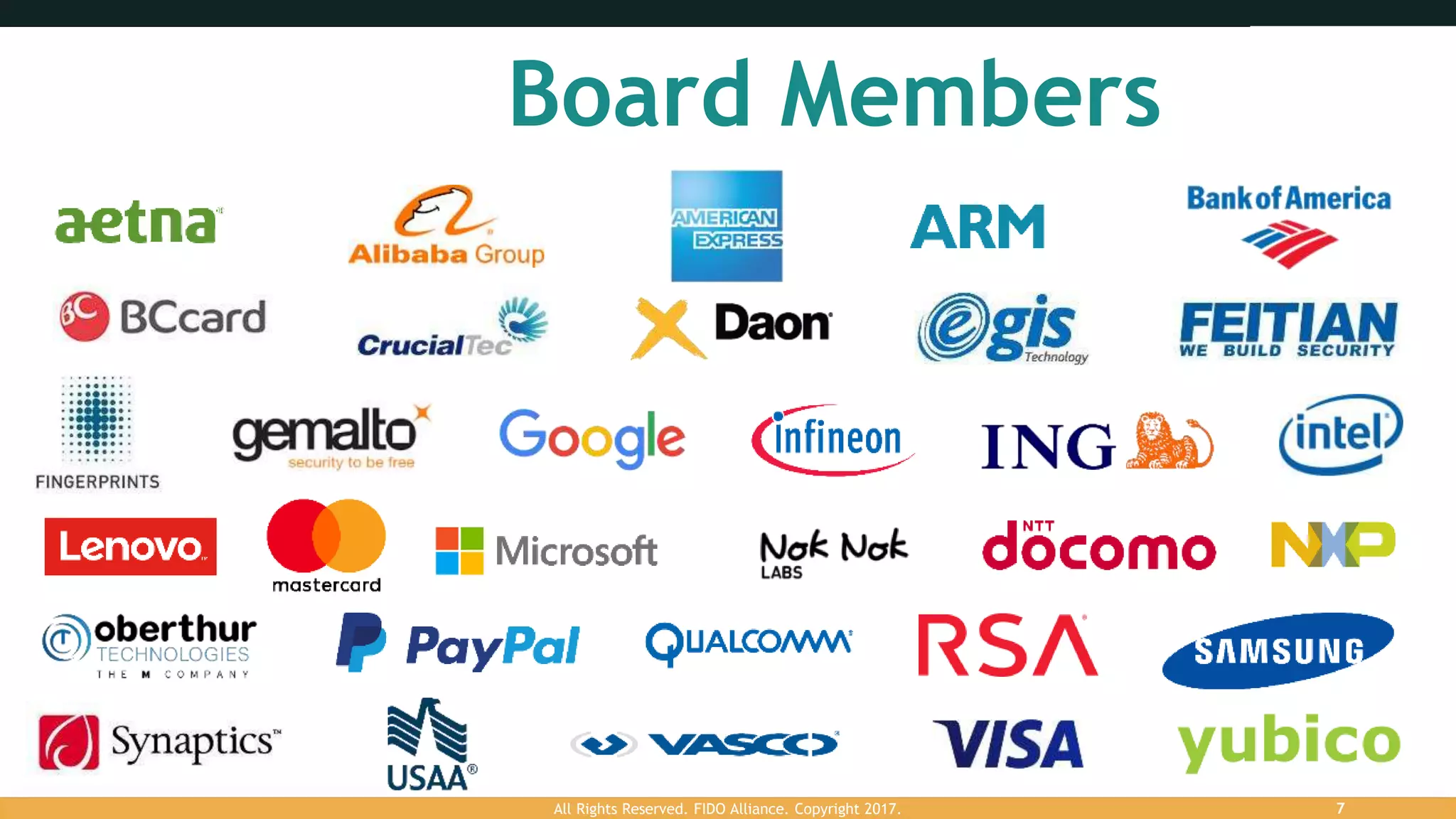 Board Members
All Rights Reserved. FIDO Alliance. Copyright 2017. 7
 