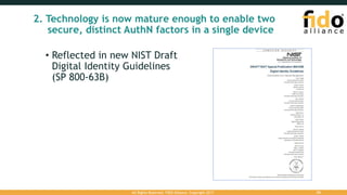 • Reflected in new NIST Draft
Digital Identity Guidelines
(SP 800-63B)
2. Technology is now mature enough to enable two
secure, distinct AuthN factors in a single device
All Rights Reserved. FIDO Alliance. Copyright 2017. 30
 