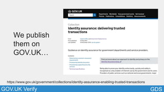 GDSGOV.UK Verify
We publish
them on
GOV.UK…
https://www.gov.uk/government/collections/identity-assurance-enabling-trusted-transactions
 
