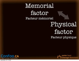 Memorial
                         factor
                        Facteur mémoriel

                                      Physical
                                       factor
                                      Facteur physique




Wednesday, 2011-03-09
 