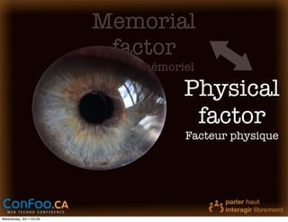 Memorial
                         factor
                        Facteur mémoriel

                                      Physical
                                       factor
                                      Facteur physique




Wednesday, 2011-03-09
 