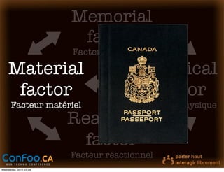 Memorial
                         factor
                        Facteur mémoriel

    Material                            Physical
     factor                              factor
      Facteur matériel                  Facteur physique
                        Reactional
                         factor
                        Facteur réactionnel
Wednesday, 2011-03-09
 