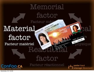 Memorial
                         factor
                        Facteur mémoriel

    Material                            Physical
     factor                              factor
      Facteur matériel                  Facteur physique
                        Reactional
                         factor
                        Facteur réactionnel
Wednesday, 2011-03-09
 