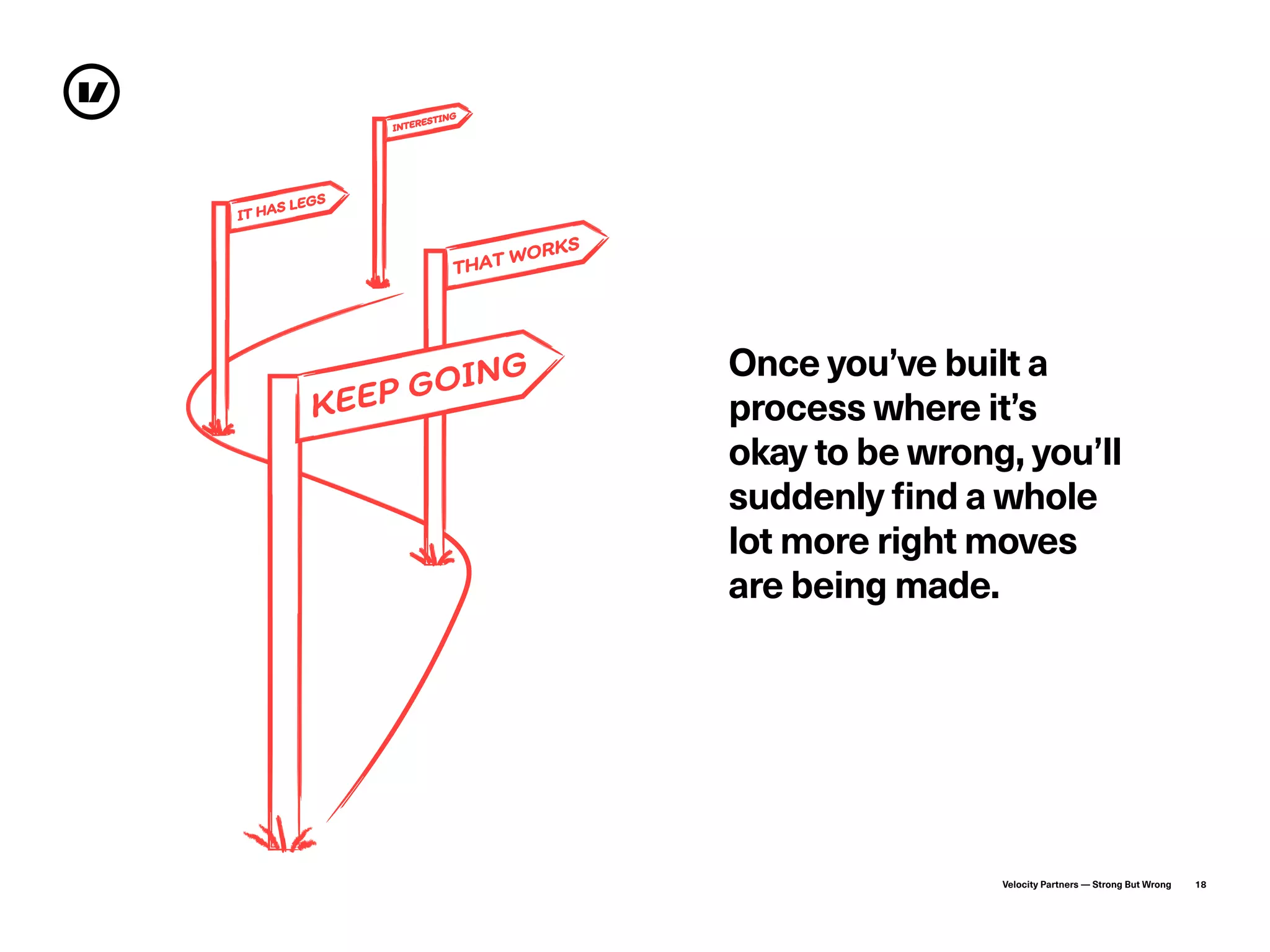 Velocity Partners — Strong But Wrong 18
T�A� W���S
KE�� ��IN�
IT ��� L���
IN����S�I�G
Once you’ve built a
process where it’s
okay to be wrong, you’ll
suddenly find a whole
lot more right moves
are being made.
 