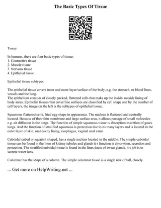 The Basic Types Of Tissue
Tissue
In humans, there are four basic types of tissue:
1. Connective tissue
2. Muscle tissue
3. Nervous tissue
4. Epithelial tissue
Epithelial tissue subtypes
The epithelial tissue covers inner and outer layer/surface of the body, e.g. the stomach, or blood lines,
vessels and the lung.
The epithelium consists of closely packed, flattened cells that make up the inside/ outside lining of
body areas. Epithelial tissues that cover/line surfaces are classified by cell shape and by the number of
cell layers, the image on the left is the subtypes of epithelial tissue;
Squamous flattened cells, fried egg shape in appearance. The nucleus is flattened and centrally
located. Because of their thin membrane and large surface area, it allows passage of small molecules
e.g. air diffusion in the lungs. The function of simple squamous tissue is absorption excretion of gases
lungs. And the function of stratified squamous is protection due to its many layers and is located in the
outer layer of skin, oral cavity lining, esophagus, vaginal anal canal.
Cuboidal cubed or squarish shaped, has a single nucleus located in the middle. The simple cuboidal
tissue can be found in the lines of kidney tubules and glands it s function is absorption, secretion and
protection. The stratified cuboidal tissue is found in the lines ducts of sweat glands, it s job is to
secrete water ions.
Columnar has the shape of a column. The simple columnar tissue is a single row of tall, closely
... Get more on HelpWriting.net ...
 