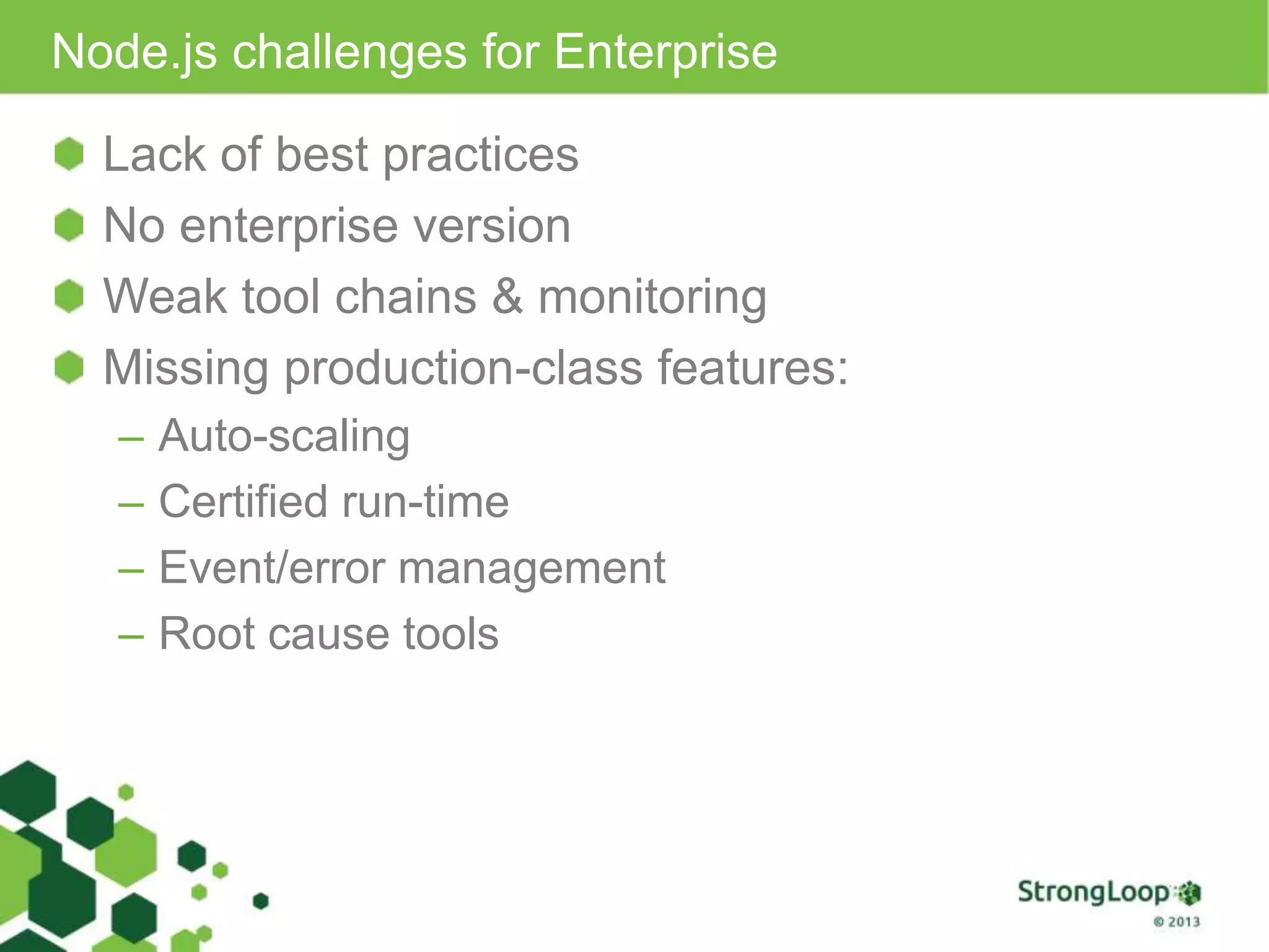 Node.js challenges for Enterprise
Lack of best practices
No enterprise version
Weak tool chains & monitoring
Missing production-class features:
– Auto-scaling
– Certified run-time
– Event/error management
– Root cause tools
 