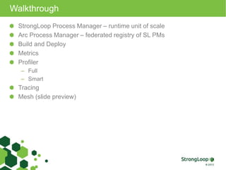 Walkthrough
StrongLoop Process Manager – runtime unit of scale
Arc Process Manager – federated registry of SL PMs
Build and Deploy
Metrics
Profiler
– Full
– Smart
Tracing
Mesh (slide preview)
 