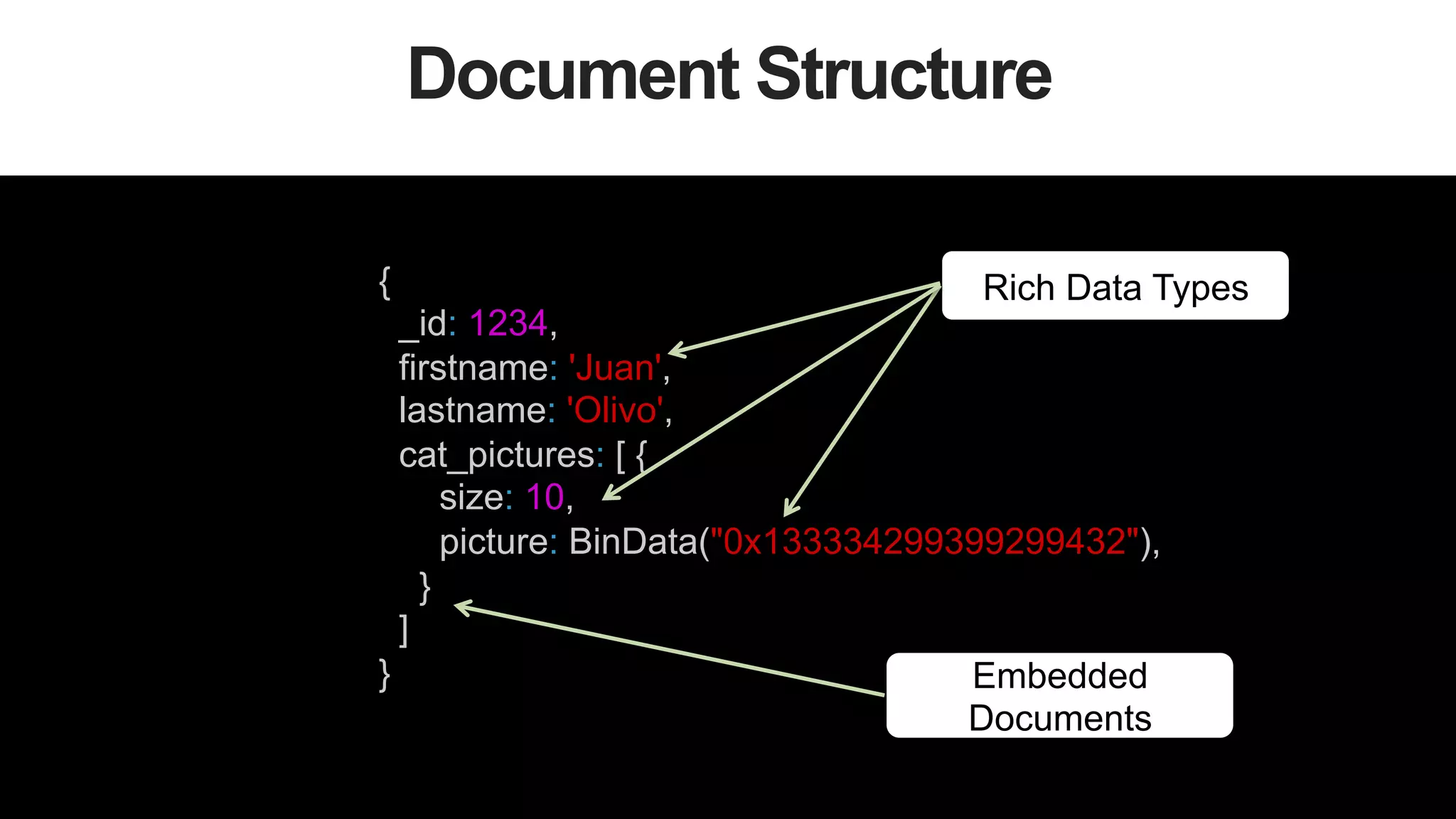 13
Document Structure
{
_id: 1234,
firstname: 'Juan',
lastname: 'Olivo',
cat_pictures: [ {
size: 10,
picture: BinData("0x133334299399299432"),
}
]
}
Rich Data Types
Embedded
Documents
 