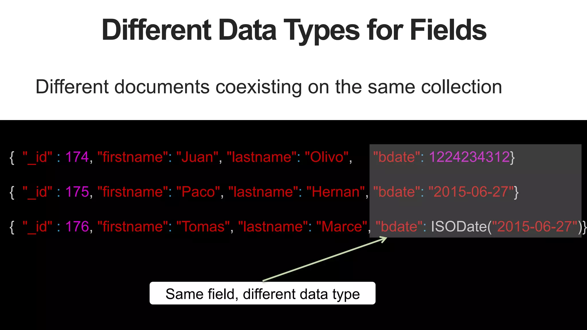 18
Different Data Types for Fields
Different documents coexisting on the same collection
{ "_id" : 174, "firstname": "Juan", "lastname": "Olivo", "bdate": 1224234312}
{ "_id" : 175, "firstname": "Paco", "lastname": "Hernan", "bdate": "2015-06-27"}
{ "_id" : 176, "firstname": "Tomas", "lastname": "Marce", "bdate": ISODate("2015-06-27")}
Same field, different data type
 
